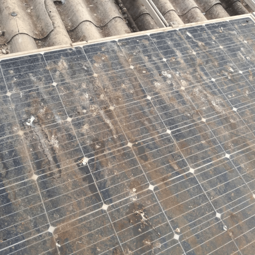 Painel solar completamente sujo com sujeira, barro e dejetos de pássaros — perda real de geração